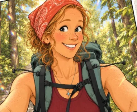 Mary Bold smiling with a backpack in the woods
