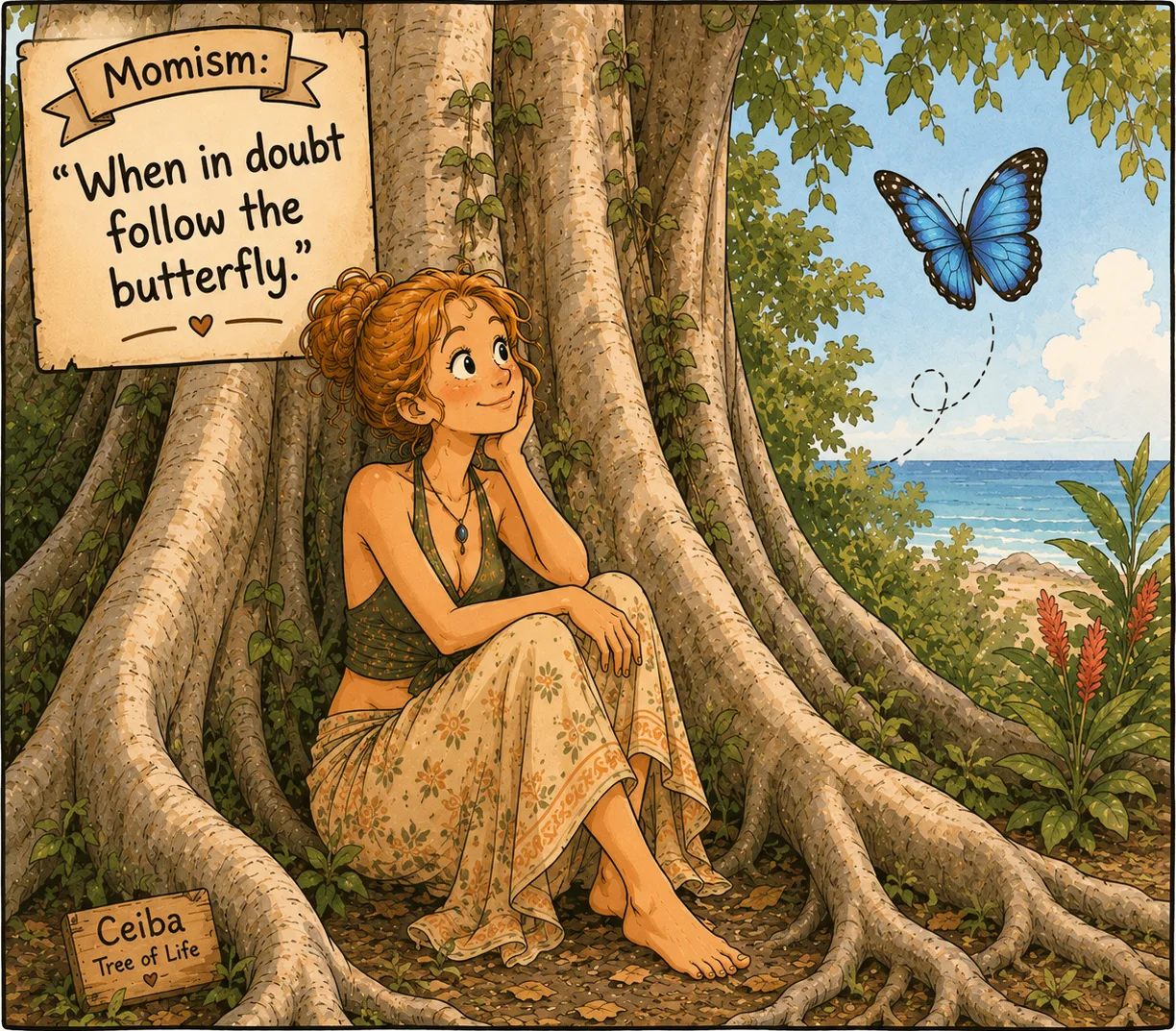 Woman resting beneath a ceiba tree watching a blue butterfly, with a Momism about following the butterfly