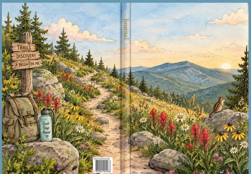 Illustrated journal cover wrap showing a mountain trail, wildflowers, and a sunrise